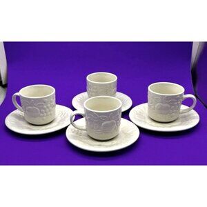 Set of 4 Gibson Designs White Embossed Raised Fruit Flat Coffee Cup & Saucer